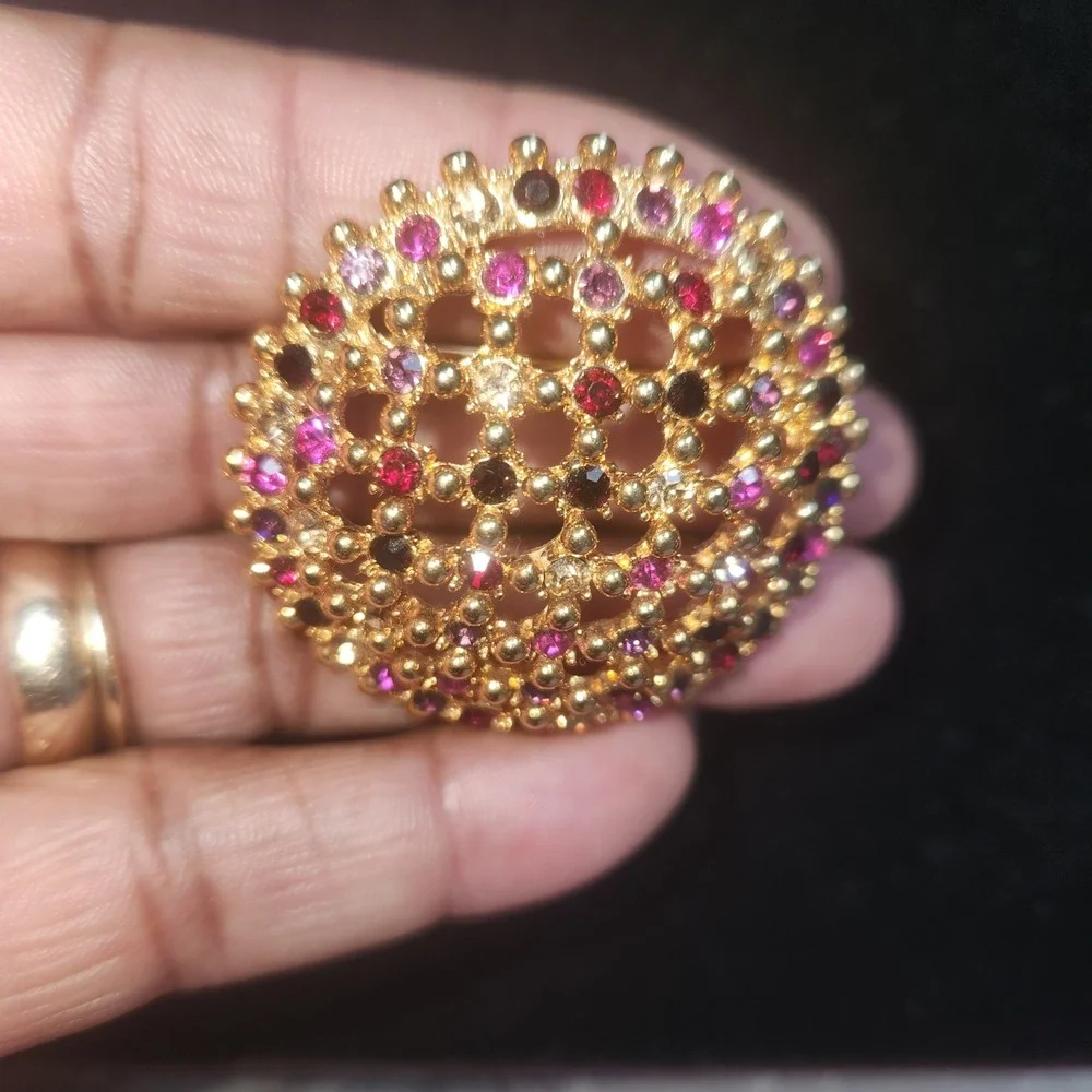 Vintage Gold Tone Round Lattice Brooch Pink Purple Rhinestone Circle‎ Pin